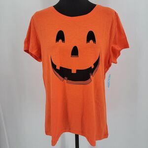 Halloween Smiling Pumpkin T Shirt Women's Large Orange Black by Lightning Bug